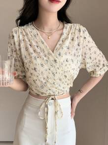 DAZY Ditsy Floral Print Knot Front Wrap Top - Beige - View 8