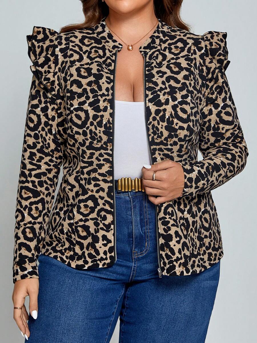 Chikora Plus Leopard Print Zip Front Coat In Fall/Winter - Multicolor - View 1