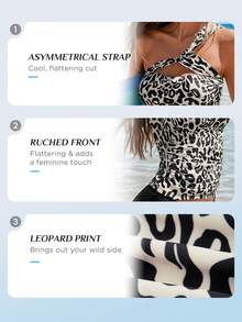 Swim Vcay Leopard Print One Shoulder Tankini Summer Beach - Multicolor - View 3