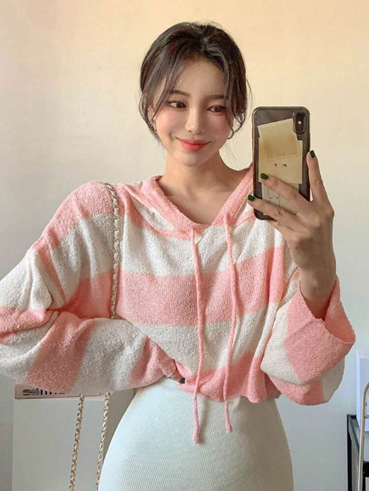 Block Striped Drop Shoulder Drawstring Hooded Sweater