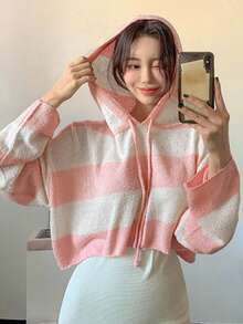 DAZY 塊狀條紋落肩袖抽繩連帽套頭毛衣 - 粉色 - 查看 3