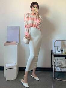 DAZY 塊狀條紋落肩袖抽繩連帽套頭毛衣 - 粉色 - 查看 4