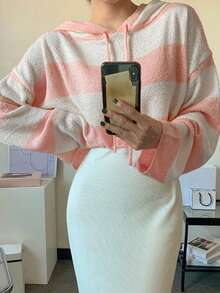 DAZY 塊狀條紋落肩袖抽繩連帽套頭毛衣 - 粉色 - 查看 8