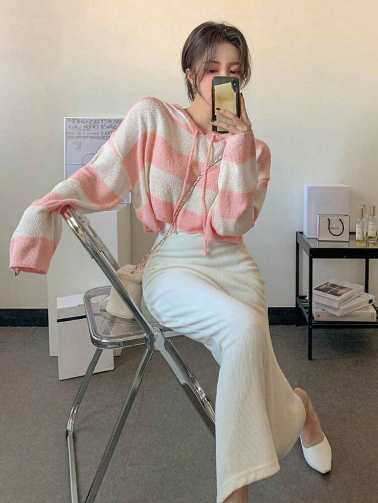 Block Striped Drop Shoulder Drawstring Hooded Sweater