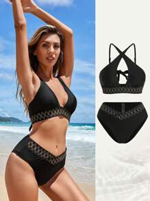SHEIN Swim Bañador bikini de cheurón cinta con tira cruzada - Negro - Ver 1
