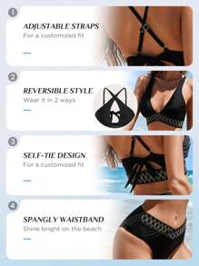 SHEIN Swim Bañador bikini de cheurón cinta con tira cruzada - Negro - Ver 3