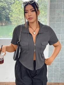 Flirla Hơn Túi có nắp Dây kéo Curved Hem Áo thun - Xám - Xem 1