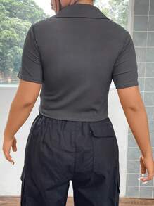 Flirla Hơn Túi có nắp Dây kéo Curved Hem Áo thun - Xám - Xem 2