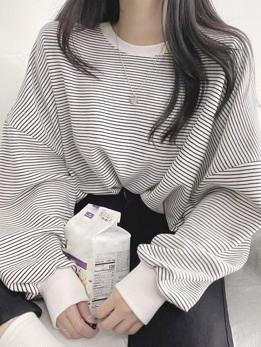 DAZY 条纹印花落肩超大T恤,秋季服装长袖女式上衣 - 白色 - 查看 1