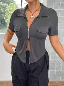 Flirla Hơn Túi có nắp Dây kéo Curved Hem Áo thun - Xám - Xem 3