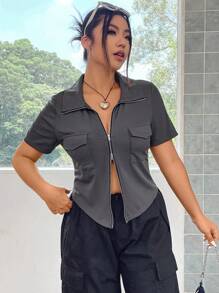 Flirla Hơn Túi có nắp Dây kéo Curved Hem Áo thun - Xám - Xem 6