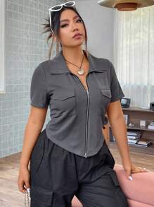 Flirla Hơn Túi có nắp Dây kéo Curved Hem Áo thun - Xám - Xem 7