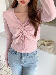 DAZY Solidny sweter z prążkowanej dzianiny ściąganej sznurkiem z przodu, ubrania na jesień - Różowy - Zobacz 7