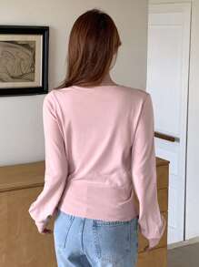 DAZY Solidny sweter z prążkowanej dzianiny ściąganej sznurkiem z przodu, ubrania na jesień - Różowy - Zobacz 2