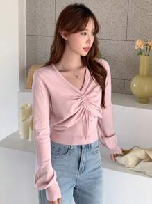 DAZY Solidny sweter z prążkowanej dzianiny ściąganej sznurkiem z przodu, ubrania na jesień - Różowy - Zobacz 4