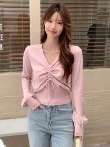 DAZY Solidny sweter z prążkowanej dzianiny ściąganej sznurkiem z przodu, ubrania na jesień - Różowy - Zobacz 5