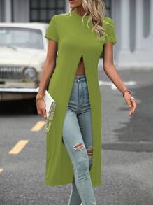 SHEIN LUNE Solid Split Thigh Longline Tee - Green - View 1