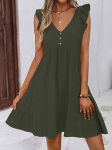 SHEIN LUNE Ruffle Trim Button Detail Smock Dress - Army Green - View 1