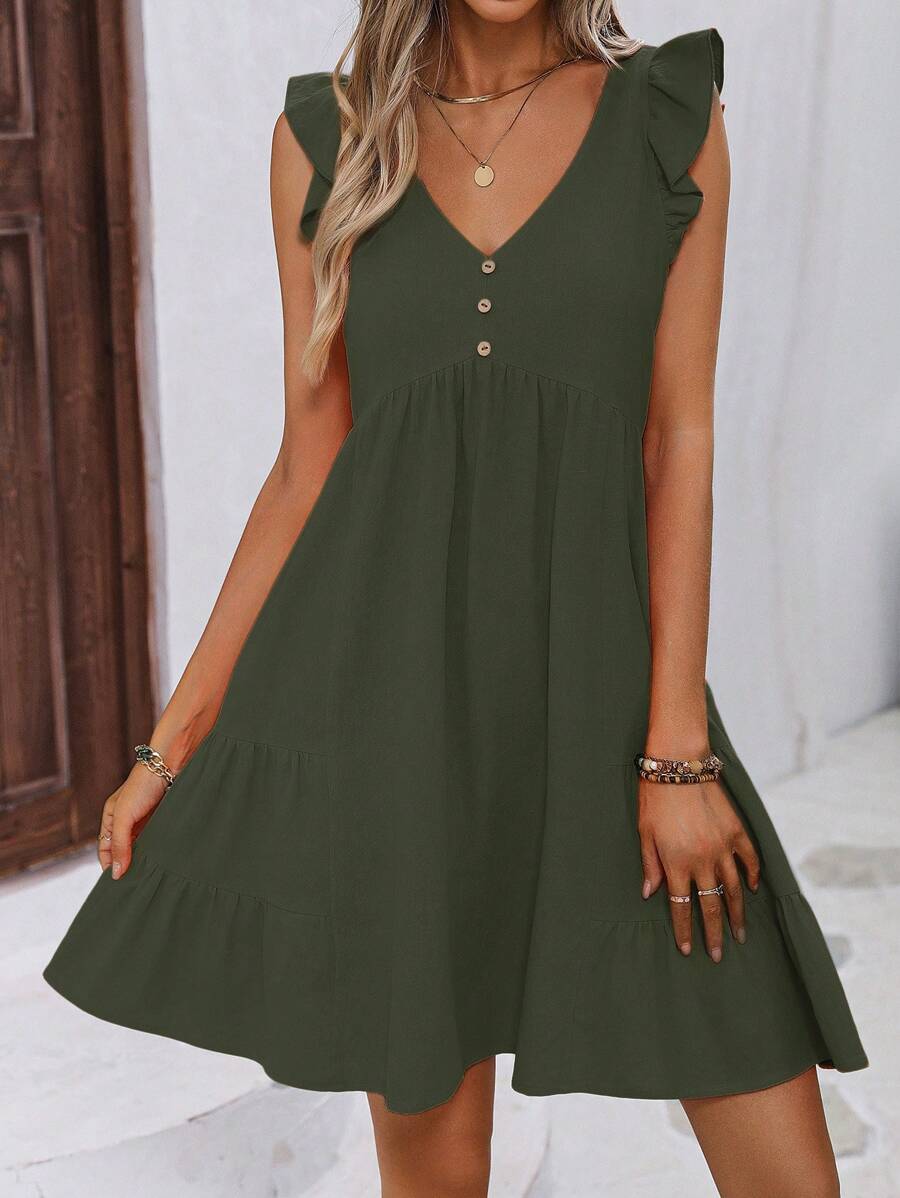 SHEIN LUNE Ruffle Trim Button Detail Smock Dress - Army Green - View 1