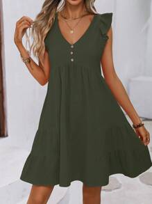 SHEIN LUNE Ruffle Trim Button Detail Smock Dress - Army Green - View 3