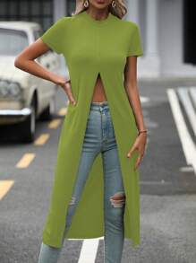 SHEIN LUNE Solid Split Thigh Longline Tee - Green - View 6