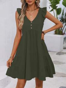 SHEIN LUNE Ruffle Trim Button Detail Smock Dress - Army Green - View 4