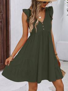 SHEIN LUNE Ruffle Trim Button Detail Smock Dress - Army Green - View 5