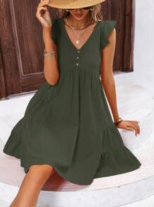 SHEIN LUNE Ruffle Trim Button Detail Smock Dress - Army Green - View 6