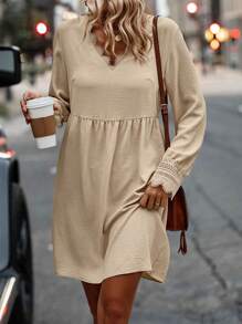 SHEIN Clasi 水溶蕾絲拼接燈籠袖連衣裙不附腰帶 - 杏色 - 查看 4