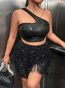 SHEIN SXY Plus Fringe Trim Sequin Skort - Black - View 6