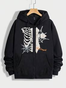 ROMWE MEN Goth 男士骷髏&字母圖案拉鏈開襟抽繩連帽衫 - 黑色 - 查看 1