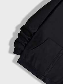 ROMWE MEN Goth 男士骷髏&字母圖案拉鏈開襟抽繩連帽衫 - 黑色 - 查看 3