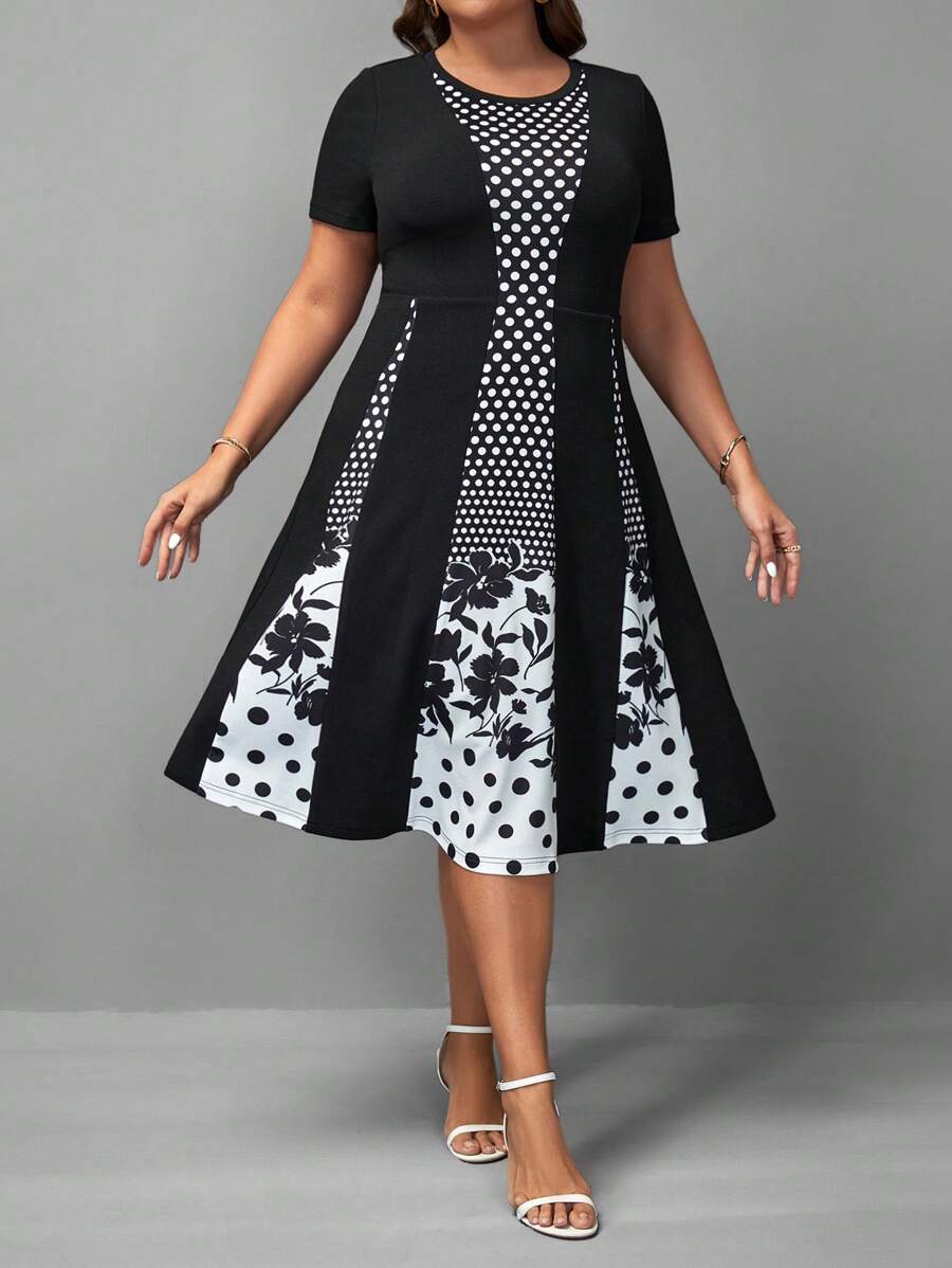 SHEIN Clasi Hơn Chấm bi & In hoa Đầm - Đen và trắng - Xem 1