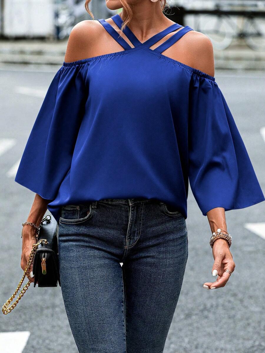 SHEIN LUNE 休閒挖空純色女士襯衫 - 藍色 - 查看 1