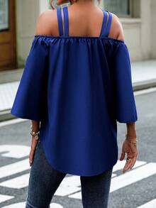 SHEIN LUNE 休閒挖空純色女士襯衫 - 藍色 - 查看 2