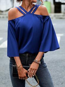 SHEIN LUNE 休閒挖空純色女士襯衫 - 藍色 - 查看 3