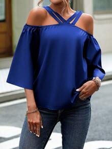 SHEIN LUNE 休閒挖空純色女士襯衫 - 藍色 - 查看 5