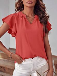 SHEIN Clasi Notched Neckline Butterfly Sleeve Blouse - Watermelon Pink - View 1