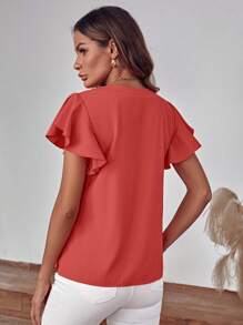 SHEIN Clasi Notched Neckline Butterfly Sleeve Blouse - Watermelon Pink - View 2