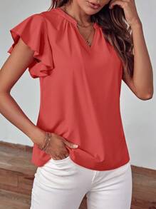 SHEIN Clasi Notched Neckline Butterfly Sleeve Blouse - Watermelon Pink - View 4