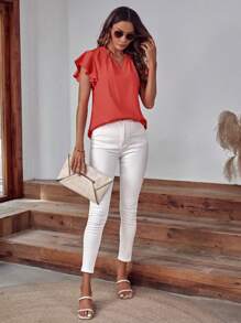 SHEIN Clasi Notched Neckline Butterfly Sleeve Blouse - Watermelon Pink - View 5