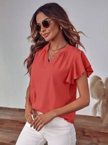 SHEIN Clasi Notched Neckline Butterfly Sleeve Blouse - Watermelon Pink - View 6