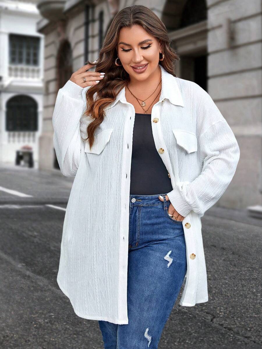 SHEIN LUNE Plus Drop Shoulder Flap Detail Coat - White - View 1