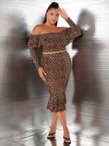 SHEIN SXY Plus Leopard Print Off Shoulder Ruffle Trim Crop Top & Mermaid Hem Skirt - Multicolor - View 3