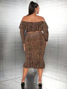 SHEIN SXY Plus Leopard Print Off Shoulder Ruffle Trim Crop Top & Mermaid Hem Skirt - Multicolor - View 2