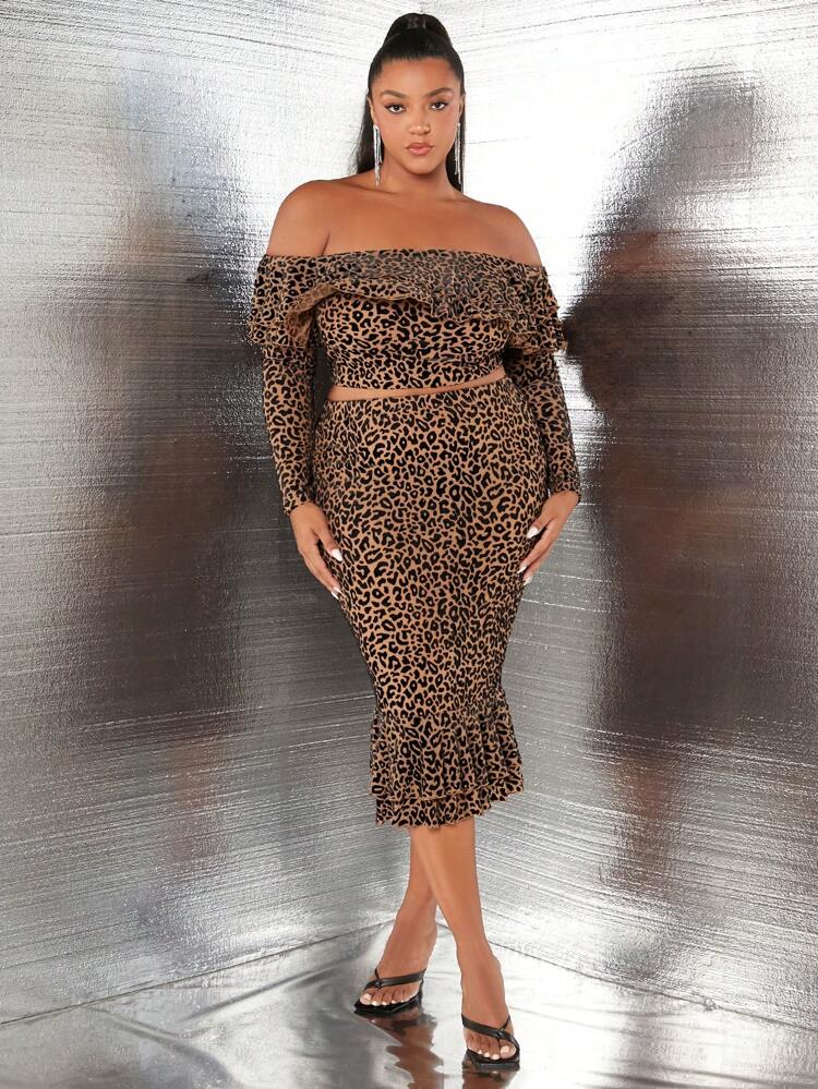 Plus Leopard Print Off Shoulder Ruffle Trim Crop Top & Mermaid Hem Skirt