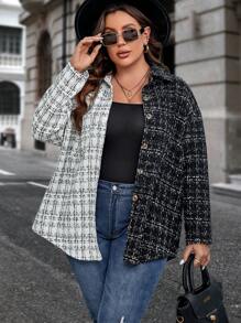 SHEIN Clasi Plus Plaid Pattern Drop Shoulder Overcoat - Black and White - View 1