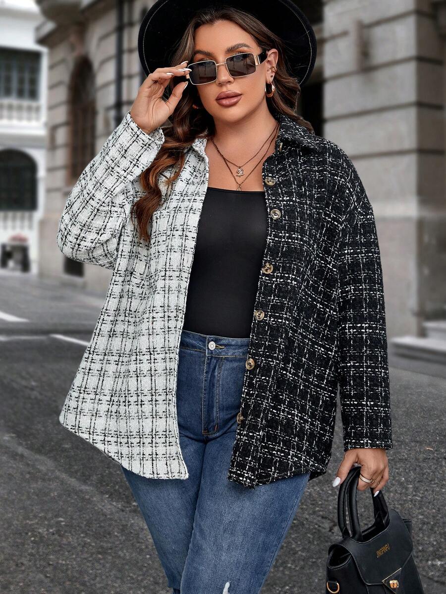 SHEIN Clasi Plus Plaid Pattern Drop Shoulder Overcoat - Black and White - View 1