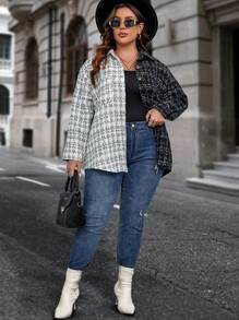 SHEIN Clasi Plus Plaid Pattern Drop Shoulder Overcoat - Black and White - View 4