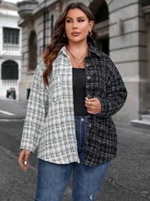 SHEIN Clasi Plus Plaid Pattern Drop Shoulder Overcoat - Black and White - View 5